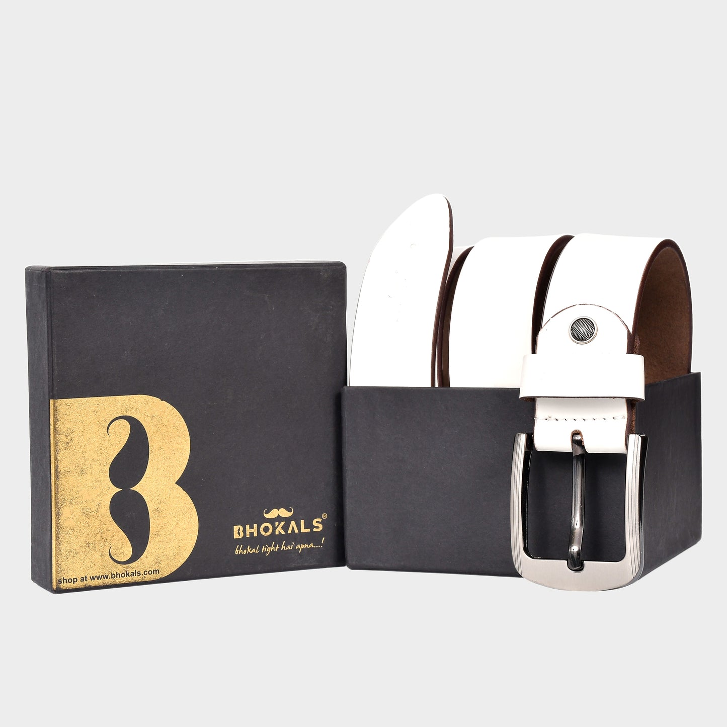 Bhokals Men White Grain Leather Belt