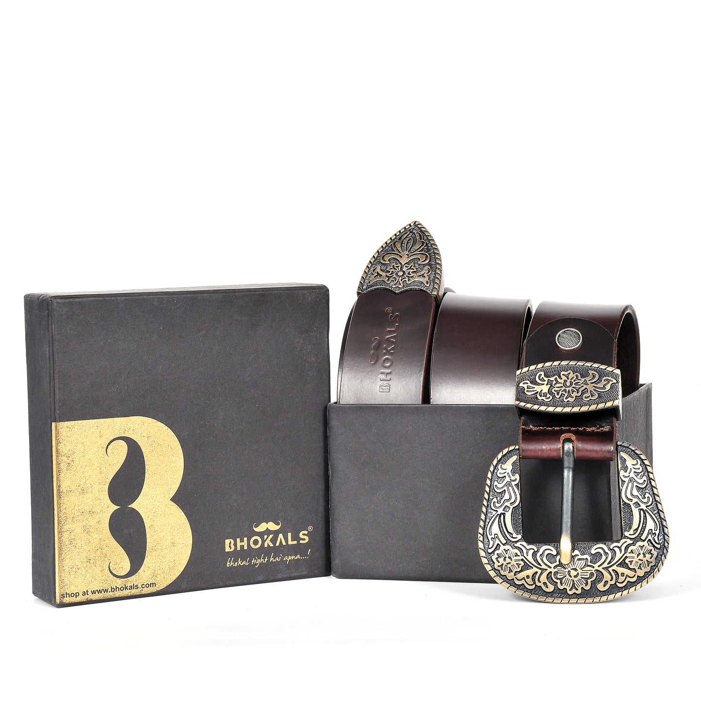 Bhokals Maharaja Men  Golden Buckle Brown Leather Belt