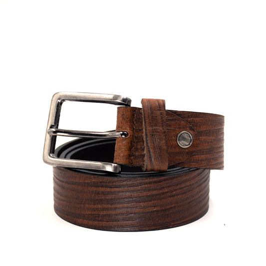 Bhokals Men Brown Wood Texture Leather Belt