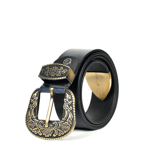 Maharaja Men Golden Buckle Black Leather Belt