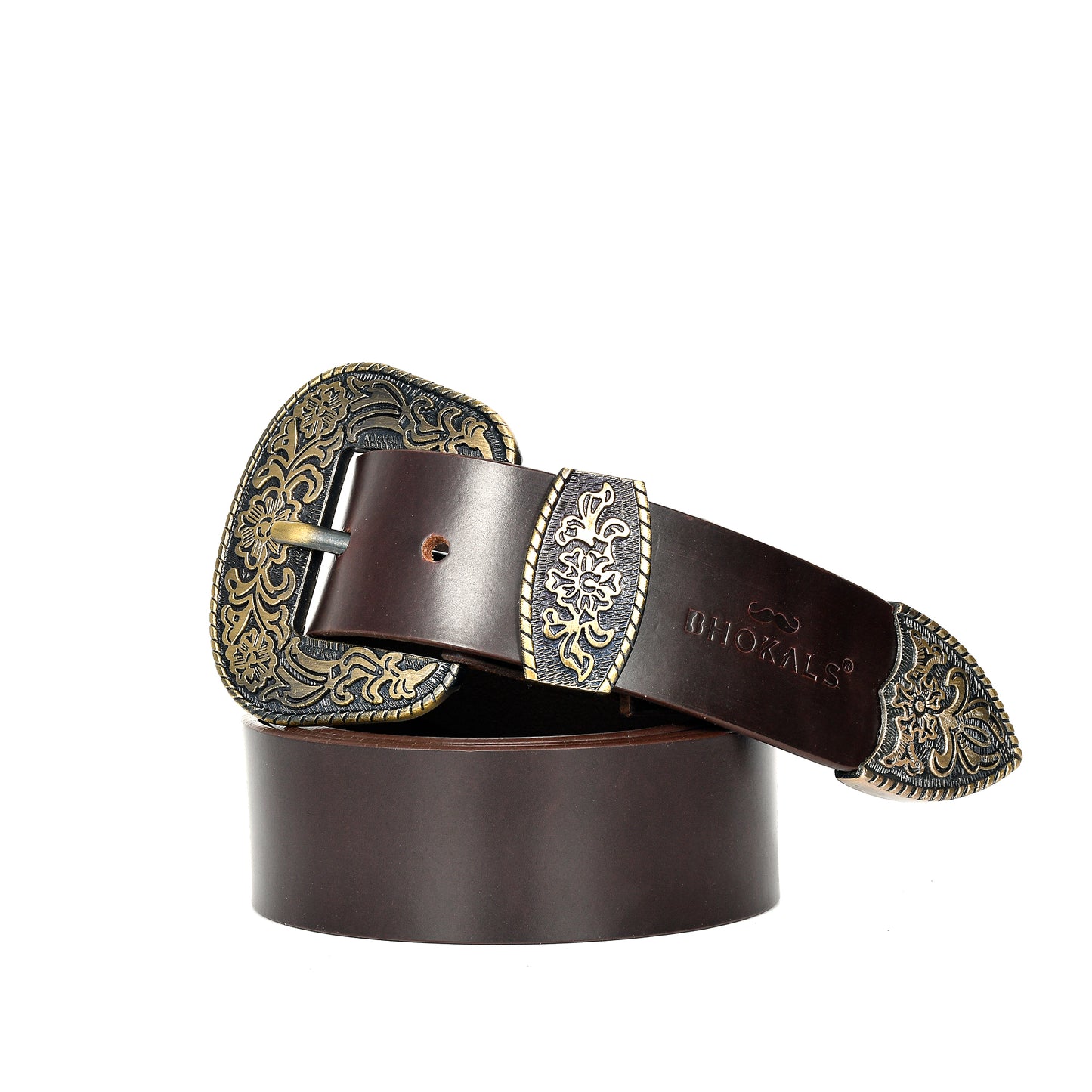 Bhokals Maharaja Men  Golden Buckle Brown Leather Belt