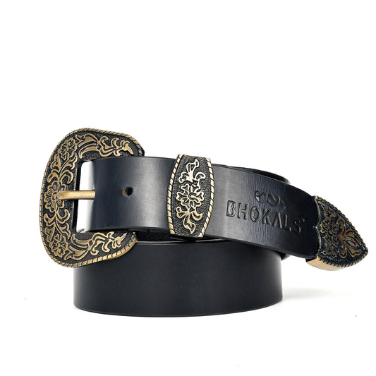 Maharaja Men Golden Buckle Black Leather Belt