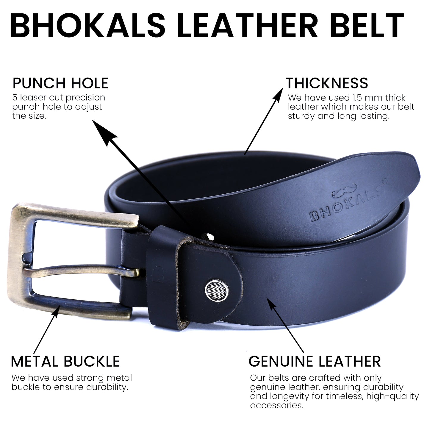 Bhokals Men Black Formal Leather Belt