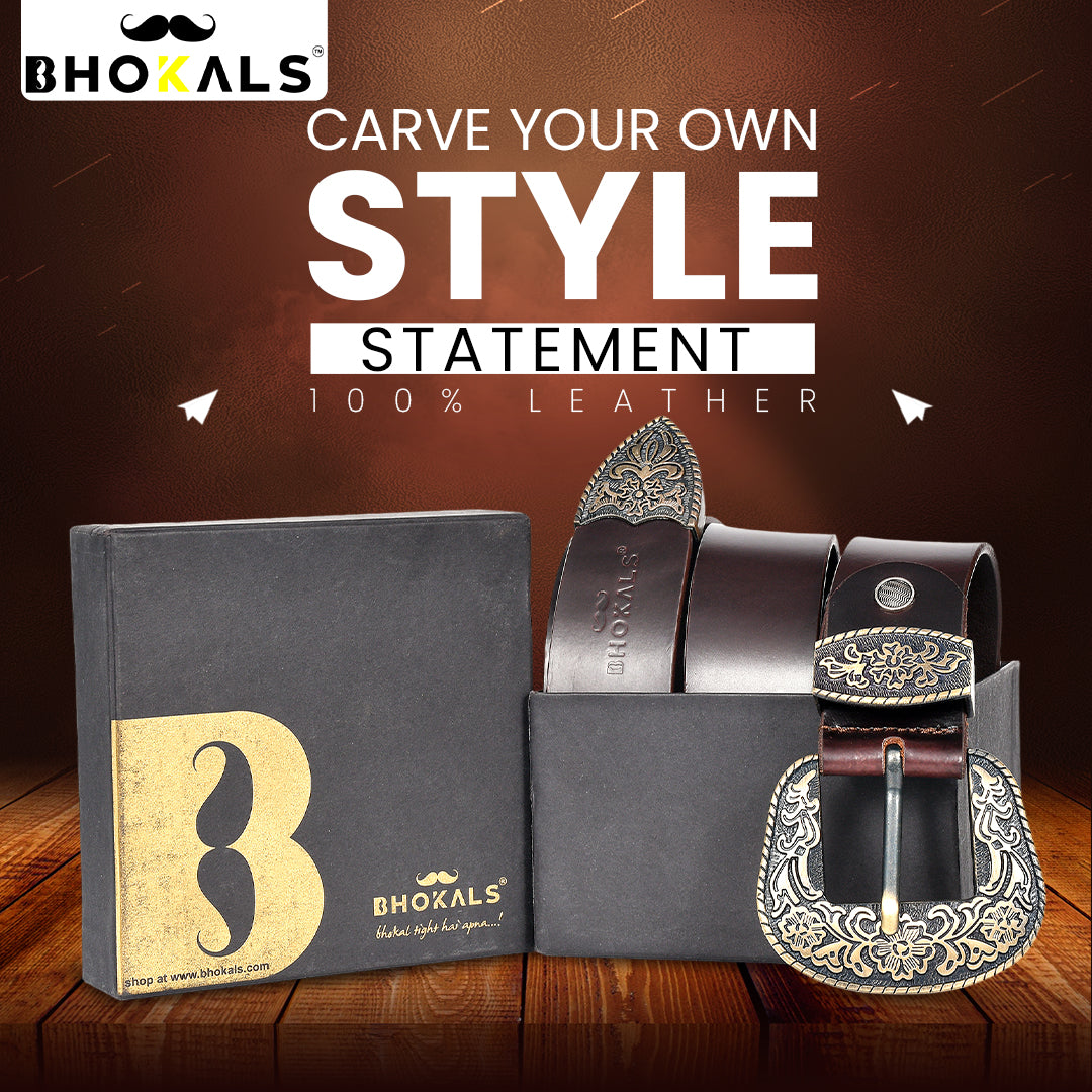 Bhokals Maharaja Men  Golden Buckle Brown Leather Belt